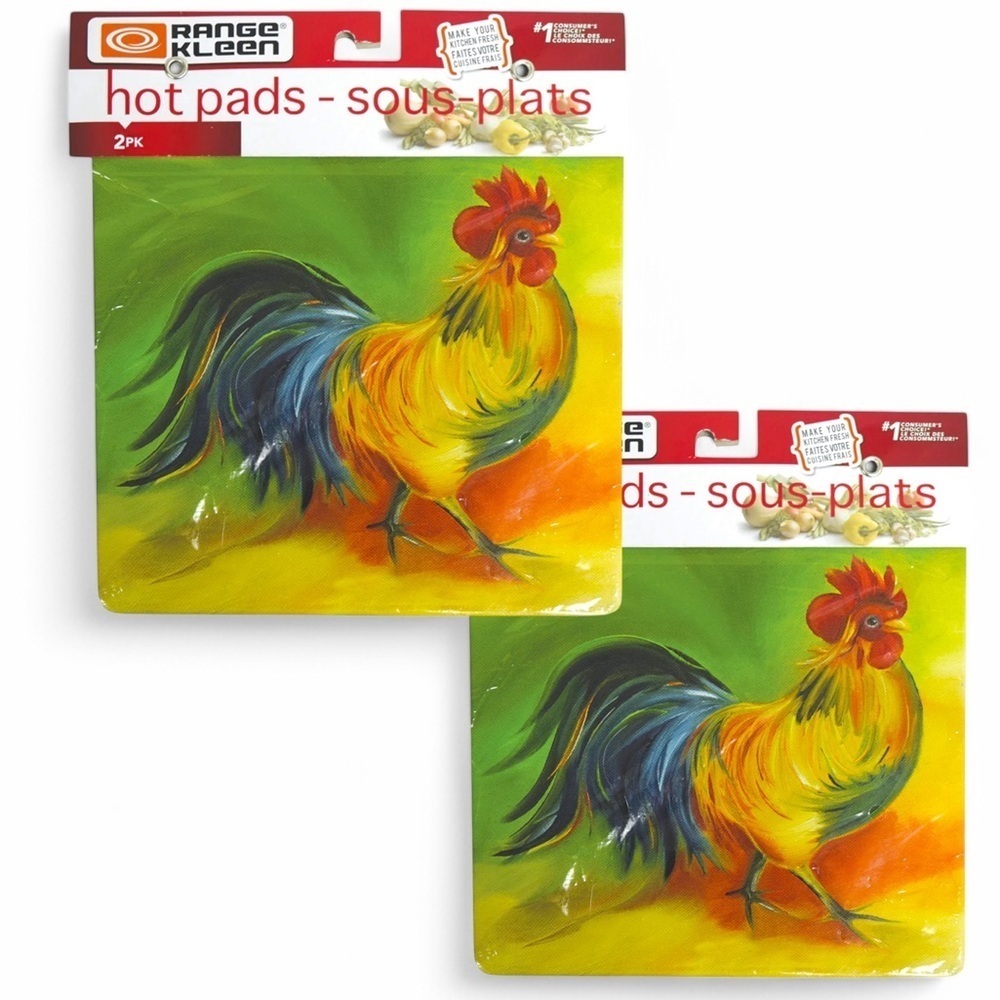 Rooster Tin Metal Hot Pads Trivets Colorful Whimsical Square 7x7 in 4 Hot Pads